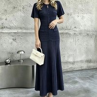 New Chic Evening Dress 2026 Summer Short Sleeve Luxury Navy Blue Tweed Knit Slim Mermaid Hem Long Dress Old Money High Quality