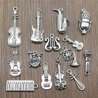 10pcs Musical Instrument Charms Antique Silver Color Guitar Microphone Violin French Horn Charms For Jewelry Making