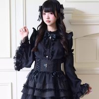 Jirai Kei Gothic Lolita Japanese Style Princess Sleeves Bow Lace Blouse Dark Set Black High Waist Skirt Women Sweet Kawaii Style