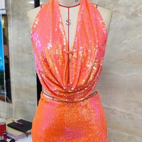 Women's Backless Party 2 Piece Skirt Soild Color Outfits Sleeveless Halter Neck Sequins Tank Tops Mini Skirt Set