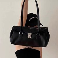 Women Motorcycle Black Retro Bag, French Stick Bag Textured Single Shoulder Underarm Bag Minimalist Style Tote Bag Vintage Bag
