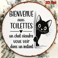 2D Flat, 1pc French Cat Welcome Sign - 8-Inch Round French & English Bilingual Bathroom Plaque with Cute Black Cat & French Text