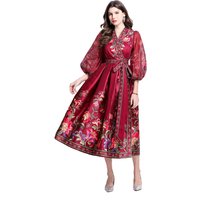 Gorgeous Flower Print Chiffon Lantern Sleeve Splice Bandage Lace Up Wrap Dress Women Cross V Neck Thick Satin Boho Party Clothes
