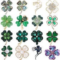 Rhinestone Shamrock Four Leaf Clover Brooches for Women Unisex Glass Plant Pins Banquet Party Backpack Gifts Jewelry Accessories