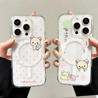 Cute R-Rilakkuma Magnetic Phone Case for Samsung Galaxy S25 S24 S23 S22 S21 S20 Edge Plus Ultra 5G Clear Cover Pink Polka Dots
