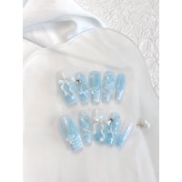 Handmade Baby Blue 3D Ribbon Bow Press On Nails, Long Coffin Kawaii Plaid Glitter Fake Nails,
