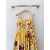 Retro printed applique wide shoulder strap square neck dress yellow floral casual countryside style fashionable long skirt