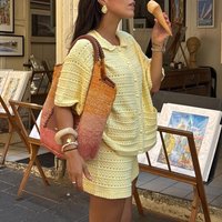 Casual Lapel Collar Button Top and Shorts Holiday Suit Simple Summer 2026 New Outfit Yellow Knitted Beach Women's Two Piece Set