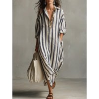 Women's Long Striped Shirt Dress V-Neck Loose Casual Summer Vacation Fashion European And American Cross-Border Style