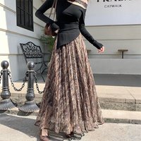 Vintage Floral Printing Chiffon Skirts Women Elegant Streetwear Slimming Mesh Pleated Skirts Elastic High Waist Long Maxi Skirt