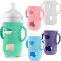 5 Stück Babyflaschen-Silikonhülle, leicht zu greifender Babyflaschenhalter, Anti-Bruch-Glasflaschen-Silikonhülle mit Griff und Fenster
