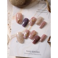 10Pcs Press on Nails Short Purple Halation Golden Acrylic Press on Fake Nails Includes 1 Sheet of Adhesive Tabs & 1 Pc Mini File
