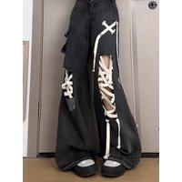 Summer Loose Full Length Street Lace-Up Hollow Out Female Wide Leg Pants American Simple Washed Distressed Fashion Women Jeans