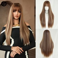 Long Straight Brown Highlight Beige Wig for Women Synthetic Heat-Resistant Modest Fashion Chocolate Wigs with Neat Bangs