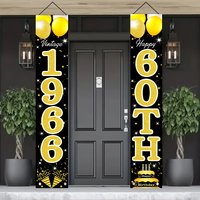 Black Gold Retro 60th Birthday Door Sign Set, Vintage 1966 Themed "Cheers to 60 Years" Porch Banner with Balloon and Cake Motifs