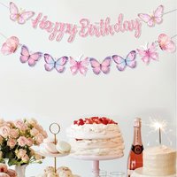 Pastel Butterfly Birthday Banner, Glitter Pink Happy Birthday Bunting for Girl Birthday Party, Princess Theme Table Wall Decor