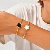 Classic Five Leaf Flower Charm Bracelet for Women, Stainless Steel Adjustable Wristband Bangle, Fashion Luxury Clover Jewelry