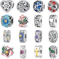 925 Sterling Silver Spacer Bead Charm Romantic Floral Sentimental Star Moon Heart Inlaid Gem DIY Bracelet Part Gift Fine Jewelry