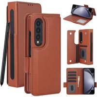 For Samsung Galaxy Z Fold 7 6 Leather Foldable Card Insert Pen Slot Phone Case For Z Fold5 Z Fold 3 4 Flip MultiFunctional Stand