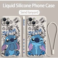 Cute Anime Stitch Cover For Apple iPhone 17 Air 16E 16 15 14 13 12 Mini Pro Max Plus Liquid Left Rope Phone Case