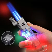 Powerful Four Flame Cigar Lighter with LED Light and Cigar Holder Transparent Gas Window Refillable Butane Lighters Smoking