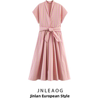 JNLEAOG Summer New Plaid Dress Versatile Fashion Design Women's Clothing Polyester Short Sleeve Casual Belted Skirt