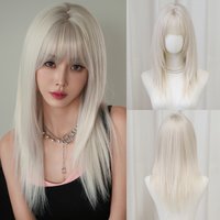 Long Straight White Wig for Women High Synthetic Layered Heat-Resistant Modest Fashion Wear and Go Beige Wigs with Neat Bangs