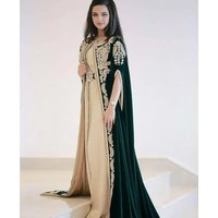 Green Moroccan Kaftan Muslim Evening Dresses A-line Sheer Velvet Appliques Dubai Arabic Turkey Abaya Islamic Gown Customized