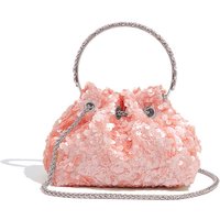 Women Pink Sequin Bucket Bag Crystal Handle Evening Clutch Silver Chain Crossbody for Wedding Party Prom Elegant Luxury Handbag