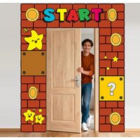 Cartoon Arcade Brick Door Border, Star Coin Mystery Square Design Door Banner for Boys Game Theme Birthday Party Decoration
