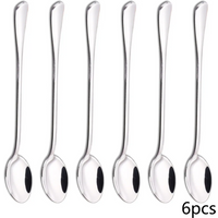 6PCS Long-handled spoon, thickened stainless steel coffee spoon, pointed stirring spoon, round-tipped spoon, ice spoon