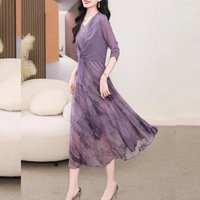 Women's Purple Two-Piece Look Maxi Dress Chiffon Overlay With Tie Detail And Printed A-Line Skirt For Elegant Casual Daily Wear