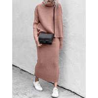 Autumn Winter New Women's Woven Mid Length Skirt Set Solid Color Casual Long Sleeved High Neck Warm Comfortable Sweater