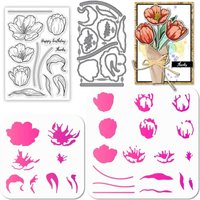 Tulip Clear Stamps and Flowers Leaves Cutting Dies with Hollow Out Drawing Painting Stencils for DIY Scrapbooking Photo Album