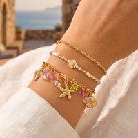 3PCS Boho Beach Shell Starfish Conch Bracelet Set Beaded Twisted Paperclip Chain Layered Summer Vacation Dainty Jewelry