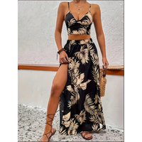 Elegant Deep V-neck Dress Women Summer Sleeveless Printed Vest Skirt Set Sexy High Slit Trend Dresses Womens Matching Sets