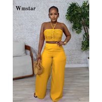 Wmstar Two Piece Outfits Women Pants Sets Wholesale Drawstring Top High Waist Side Zipper Loose Matching Suit Drop Shopping