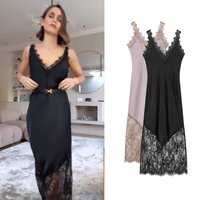 Women's Satin Lace Patchwork Long Dresses Summer Female V-Neck Sleeveless Sexy Party Dress Slim Lady Evening Backless Dresses