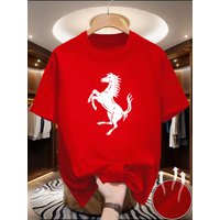Men's summer breathable quick drying fashionable casual loose horse pattern letter printed round neck short sleeved T-shirt