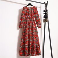 ITOOLIN Woman Round Neck Long Sleeved Shirt Flounce Floral High Waisted A-line Dress Vintage Printed Elastic Long Dress