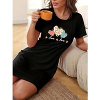 Lady's Summer Heart-Shaped Pattern Short-Sleeved Nightgown, Soft and Comfortable, Suitable for Home Wear and Casual Outings.