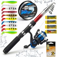 Kompletny zestaw wędkarski: wędka teleskopowa 2,7 m, kołowrotek spinningowy z żyłką, gumowe przynęty typu ripper shad 10 cm, żyłka fluorocarbonowa, haczyki, wobblery, gotowy zestaw wędkarski dla