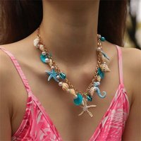 Vacation Beach Charm Necklaces for Women Trendy Blue Starfish Shell Pendant Necklaces Handmade Bohemia Beads Chain Jewelry