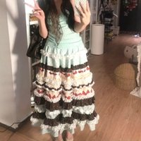 Women Vintage Kawaii Mori Girl Lolita Multi-Layer Ruffle Tiered Maxi Skirt Sweet Cute Polka Dot Bow A-Line Mint Green Long Skirt