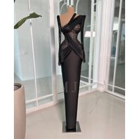 Black Dubai Evening Dresses Elegant Long Sleeves Beads Pleats Formal Prom Birthday Party Gowns Special Occasions Customized