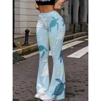Sea Turtle Graphic Flare Pants Women High Waist Casual Beach Ocean Theme Bell Bottom Pants