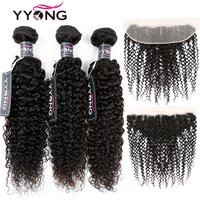 Yyong Brazilian Kinky Curly Bundles With Frontal 13x4 Lace Frontal With Bundles Remy Human Hair 3/4 Bundle With Closure