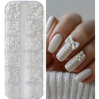 12-grid box mixed size nail pearls, pure white high-gloss round pearl decorations, gel nails DIY nail decoration accessories