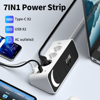2026 New 7-in-1 EU Power Strip Extension Cord With Digital Clock & Touch 3-Color Dimmable Night Light,3 Schuko AC+2USB-A+2Type-C