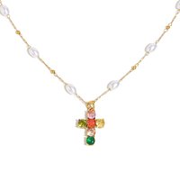 E.B.belle Luxury Coloful Zircon Cross Pendant Necklace For Women 18k Gold Plated Stainless Steel Imitation Pearl Chic Jewelry